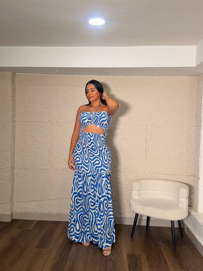 VESTIDO AZUL REY CON BLANCO