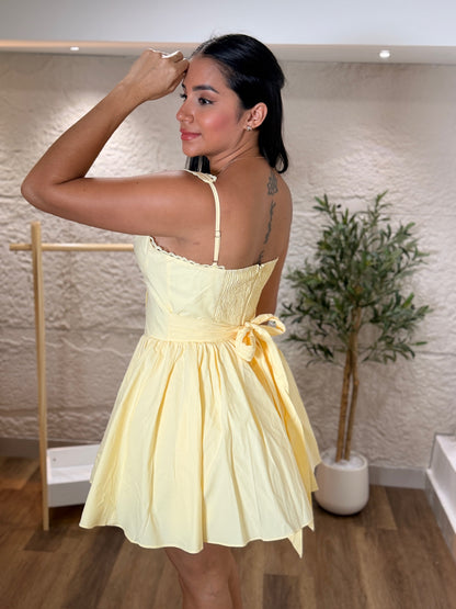 VESTIDO AMARILLO Y BLANCO MINI CON BOTONES