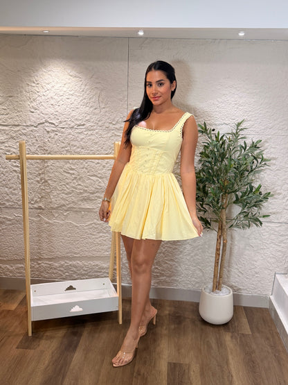 VESTIDO AMARILLO Y BLANCO MINI CON BOTONES