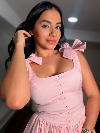 VESTIDO MINI ROSADO LAZOS CON MANGA